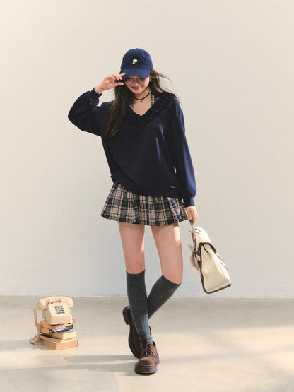 V-neck Ruffle Plaid Spliced Halter Sweatshirt