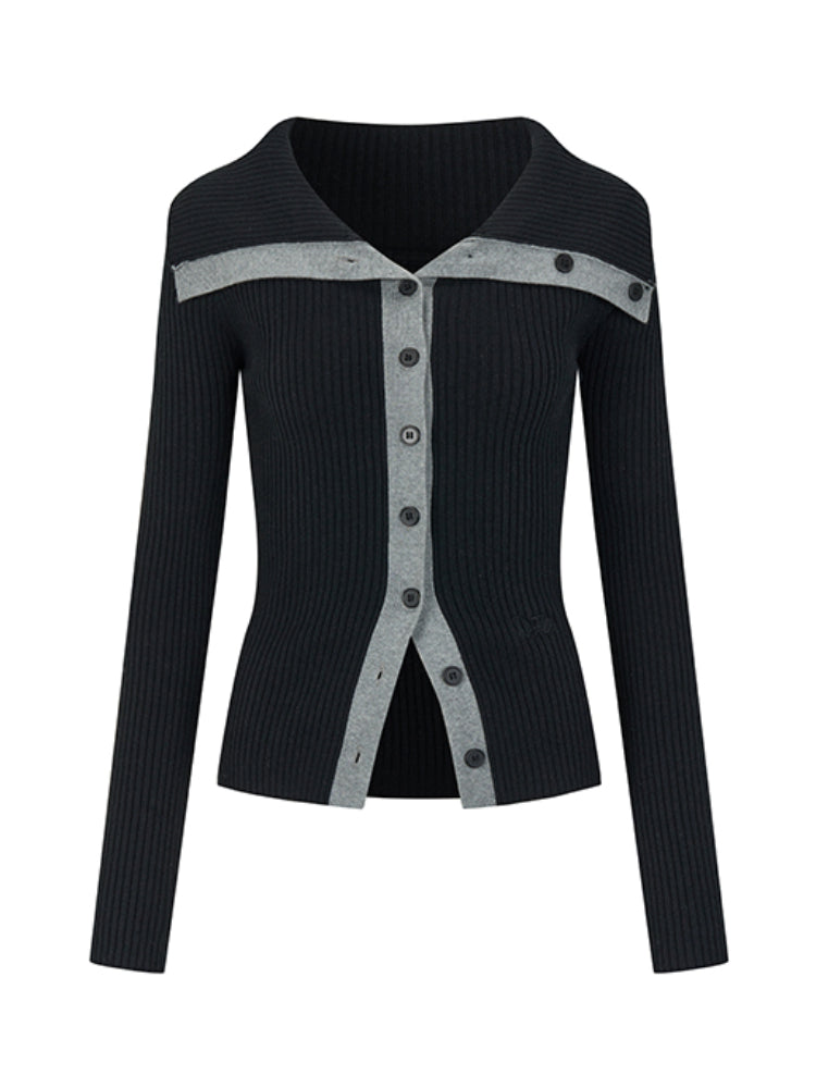 Color-Block Large-Collar Knitted Cardigan