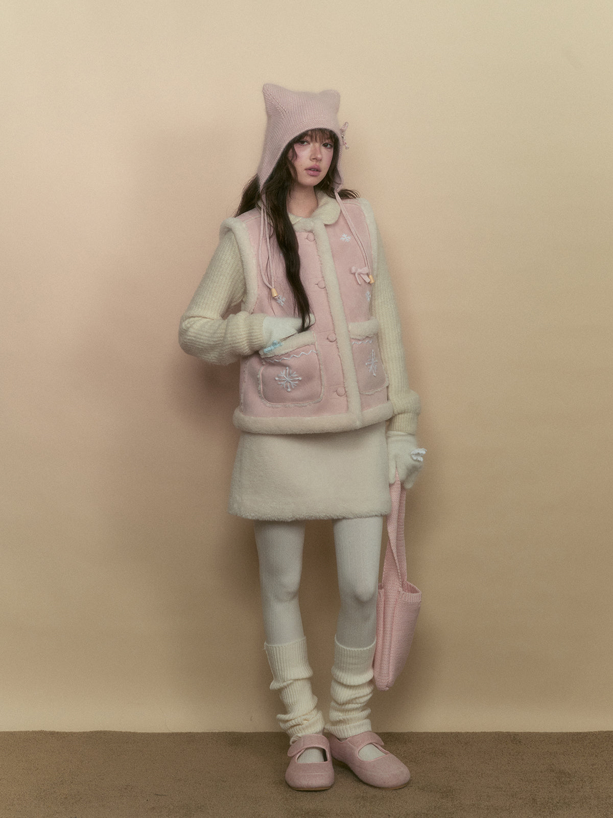 Pink Snowflake Embroidered Faux Shearling Vest