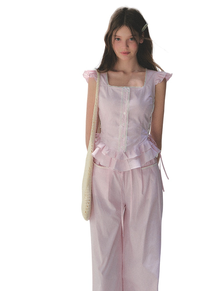Pink Striped Flutter Sleeve Shirt - CHINASQUAD