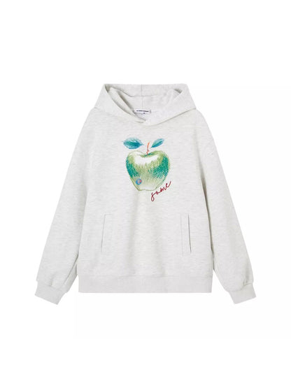 Light Gray &amp; Navy Blue Green Apple Print  Hoodie