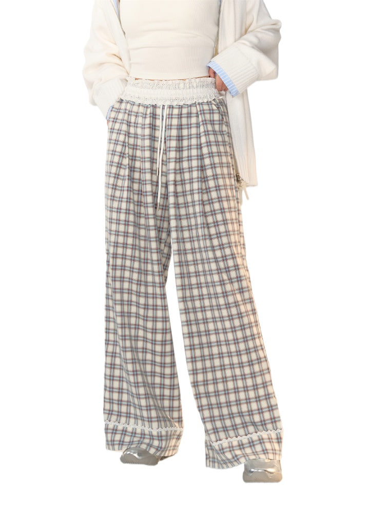 Lace-Trimmed Plaid Wide-Legged Pants