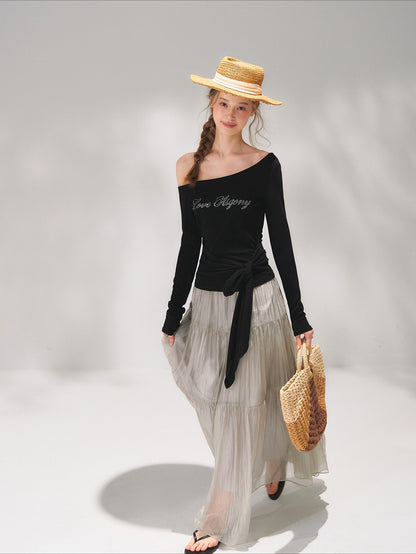 Asymmetric Crystal Logo Tie-Shoulder Fitted Tee