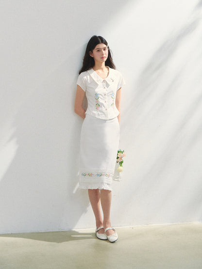 Embroidered Short-sleeve Waist-cinching Shirt &amp; Skirt Set