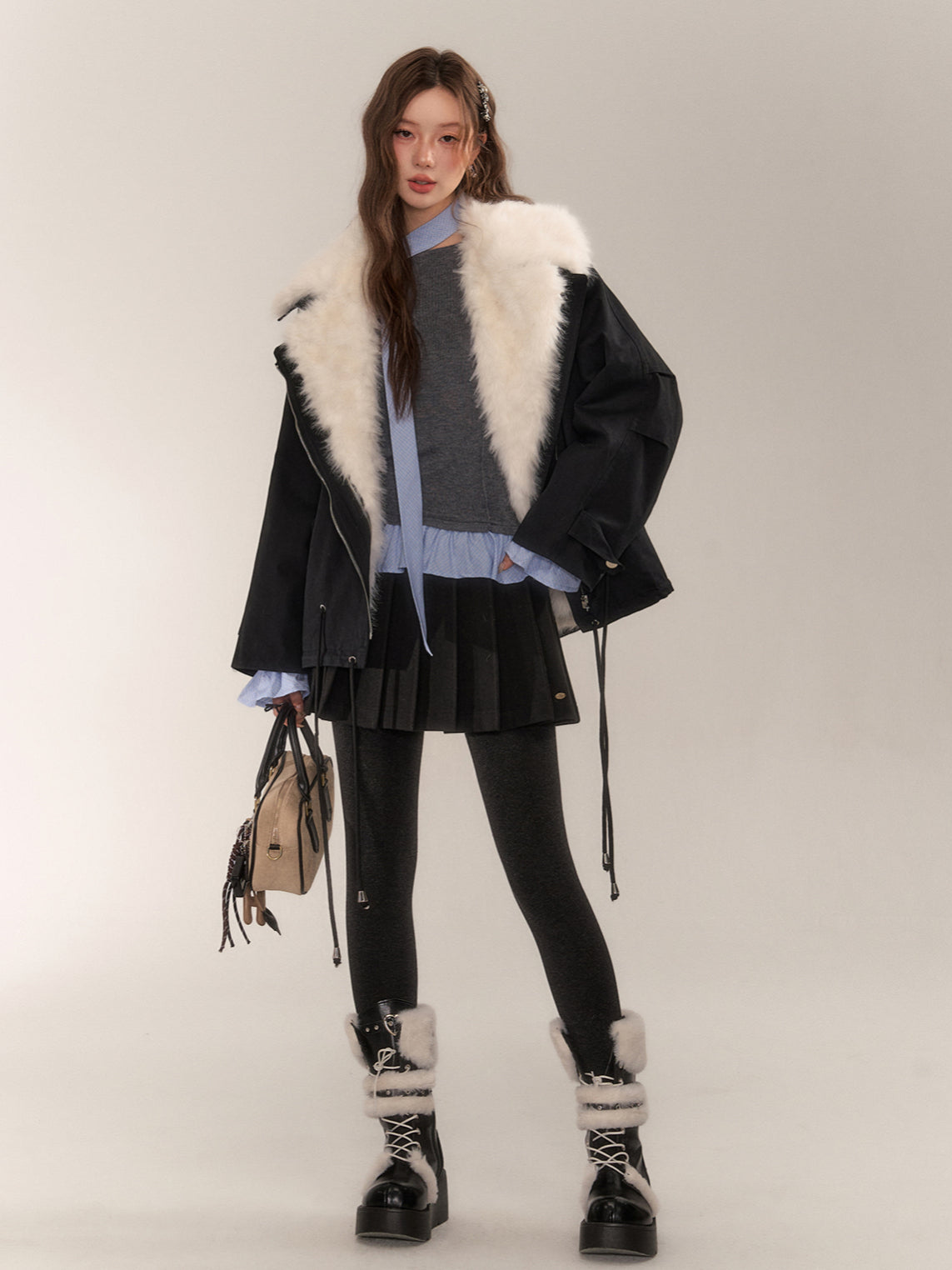 Detachable Fur Collar Parka Coat