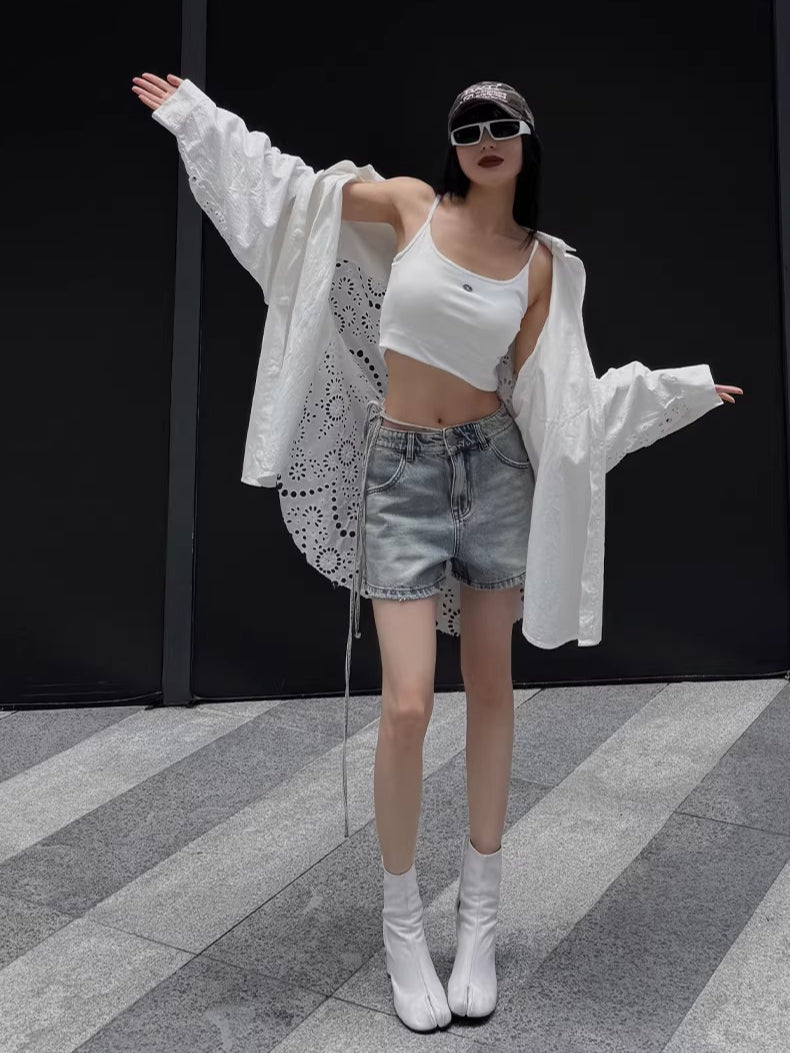 Embroidered Panel Oversized Cotton Shirt