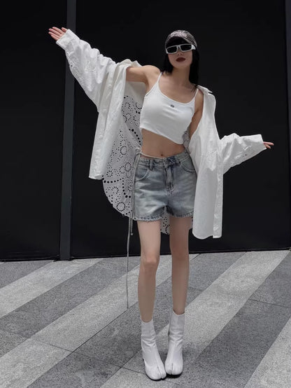 Embroidered Panel Oversized Cotton Shirt