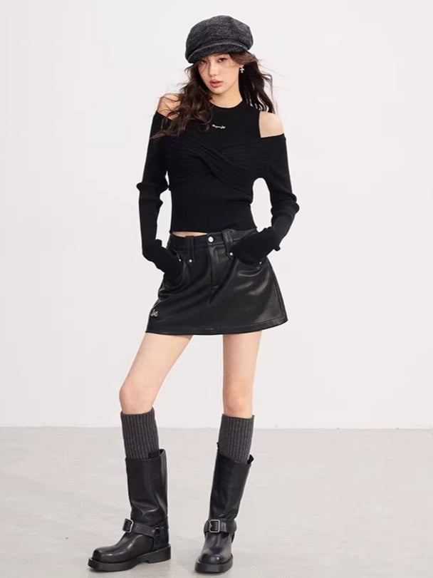 Bow Cable-Knit Vest Long-Sleeve Two-Piece Set