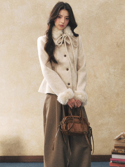 Detachable Fur-Collar Wool-Blend Jacket