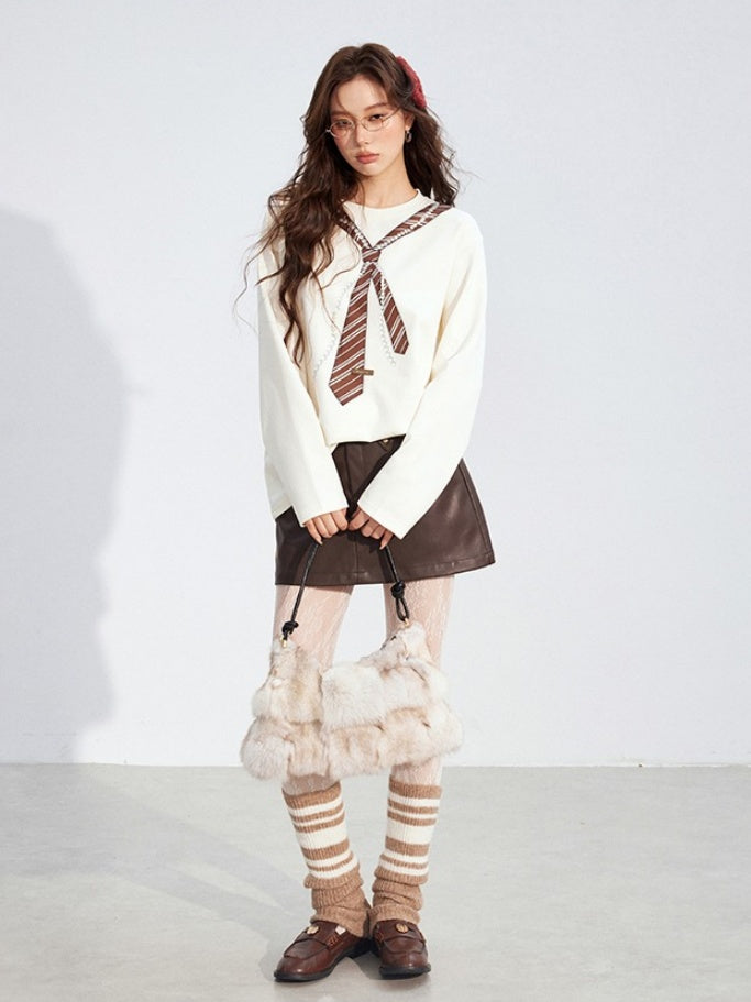 Pearl-Tie Printed Relaxed Long Sleeve T-Shirts