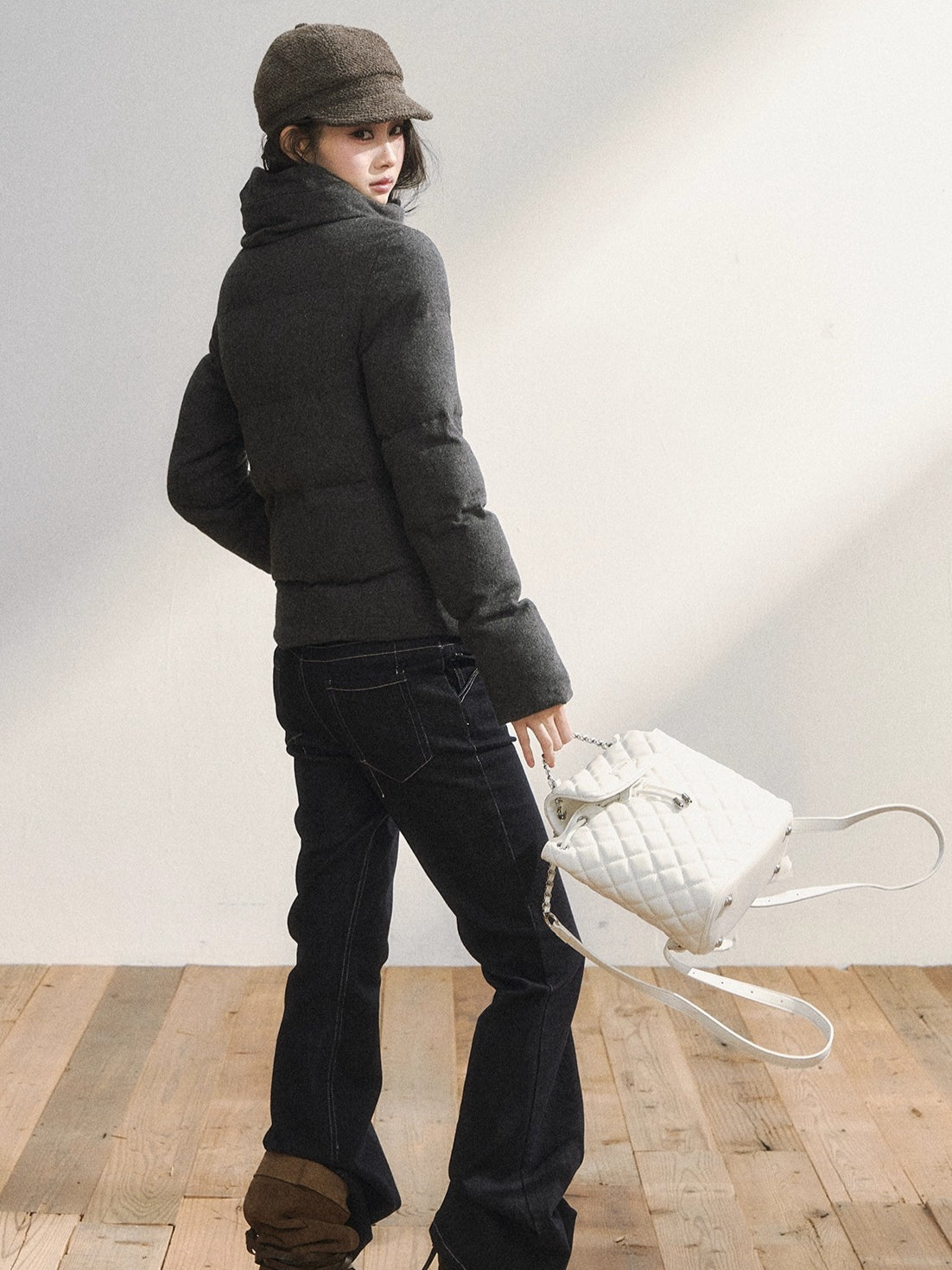 Gray Wool-Blend Quilted Short Puffer Jacket