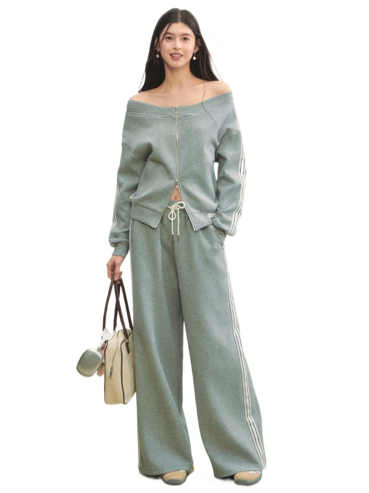 Off-Shoulder Zip-up Sweatshirt &amp; Pants Set - CHINASQUAD