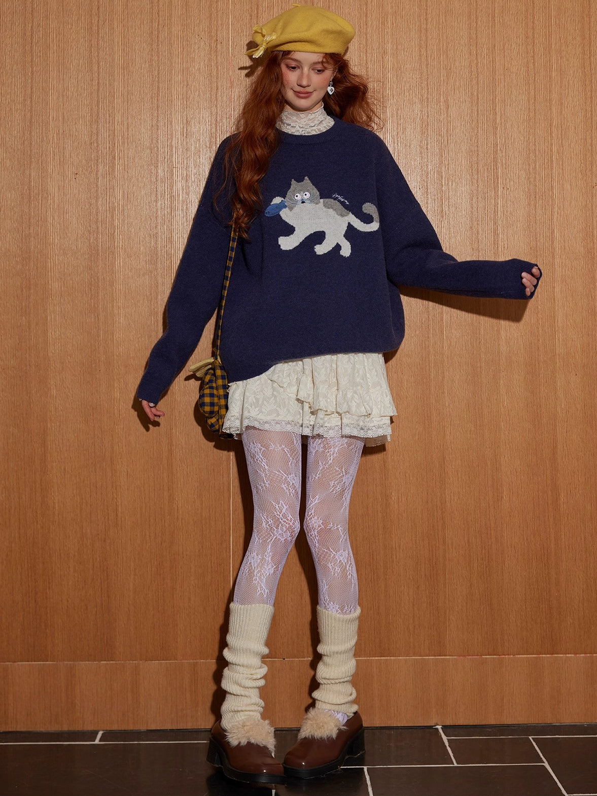 Cat Jacquard Embroidered Knit Sweater