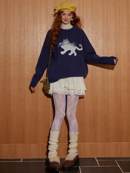 Cat Jacquard Embroidered Knit Sweater