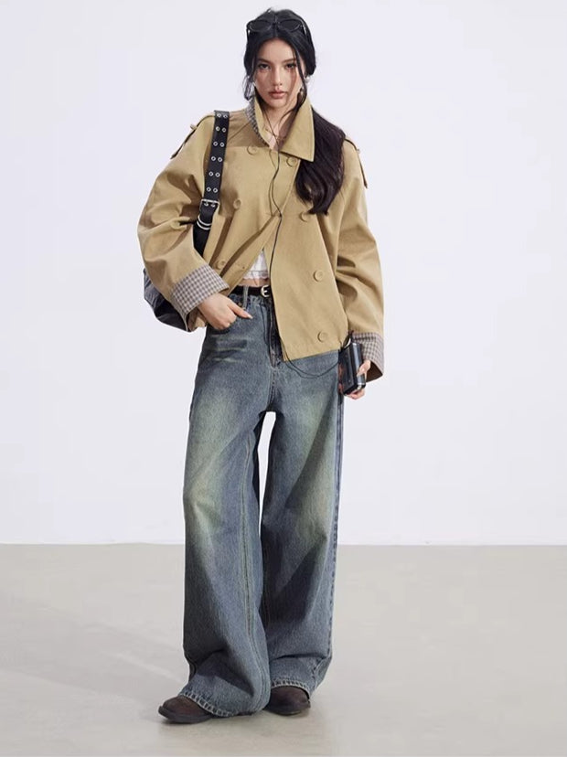 Plaid Patchwork Double-Breasted Short Jacket