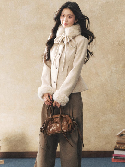 Detachable Fur-Collar Wool-Blend Jacket