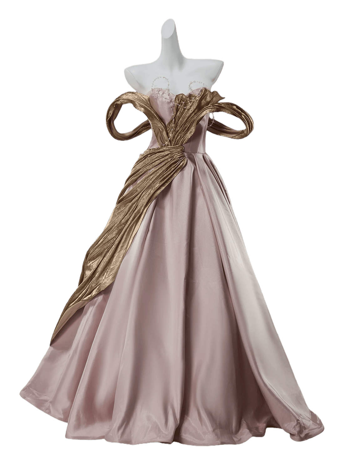 Stunning Elegance Off-Shoulder Gown with Golden Draping