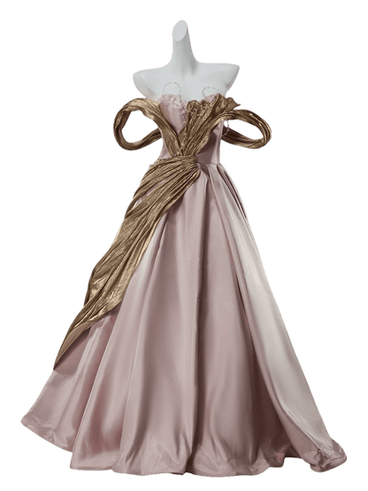 Stunning Elegance Off-Shoulder Gown with Golden Draping