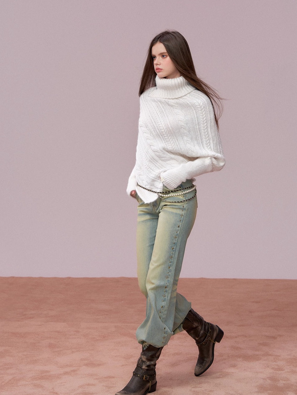 Leather-Buckle Thickened Cape Sweater