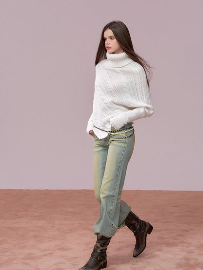 Leather-Buckle Thickened Cape Sweater