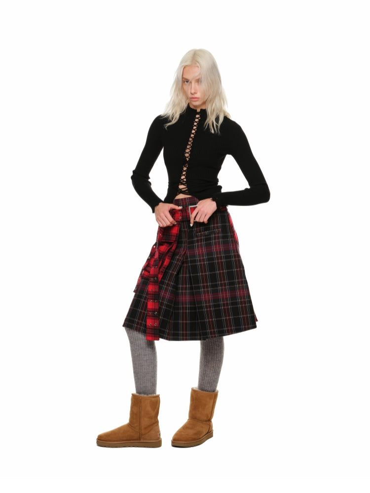 Plaid Reversible Pleated Midi Skirt