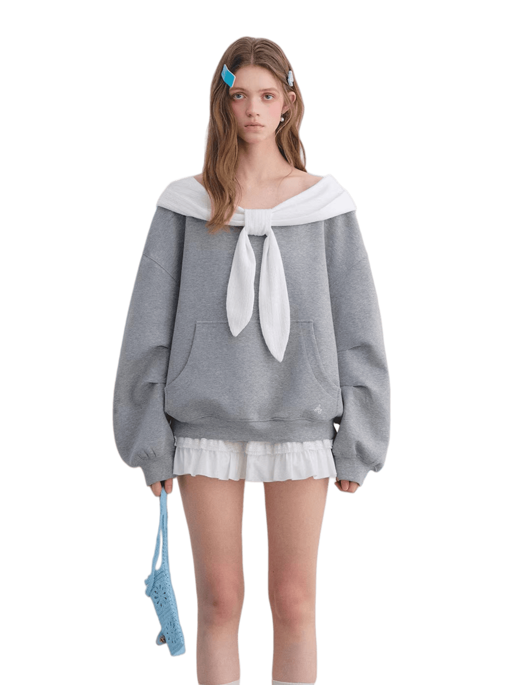 Rabbit-Ear Bow Off-Shoulder Hooded Sweatshirt