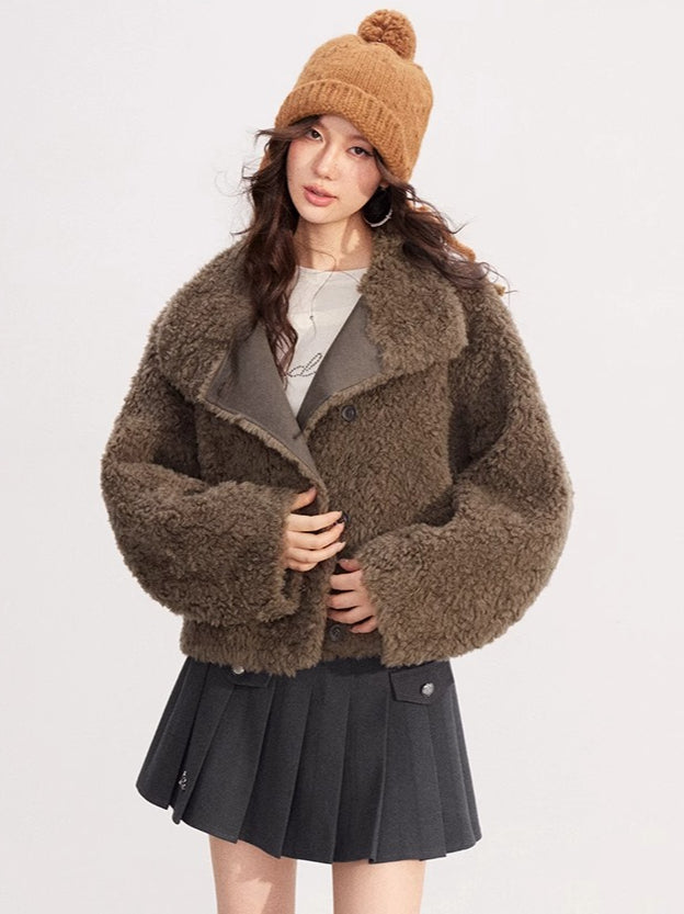 Shearling-Trim Stand-Collar Cropped Jacket