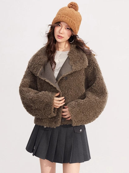Shearling-Trim Stand-Collar Cropped Jacket