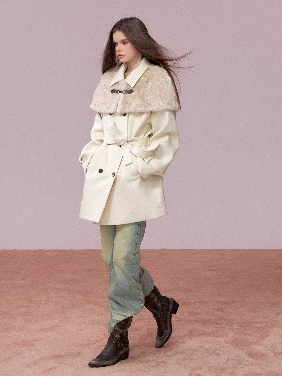 Faux-Fur Cape-Style Wool Coat