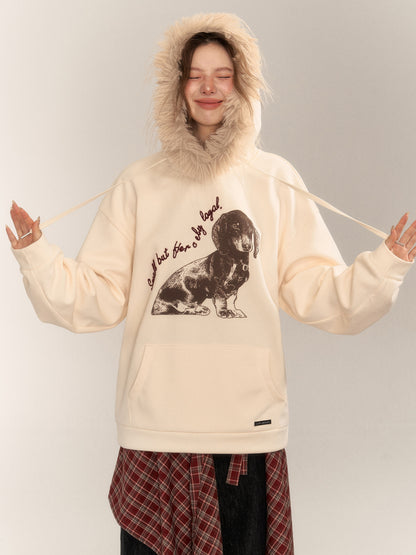 Retro Dog Print Fleece-Lined Hoodie