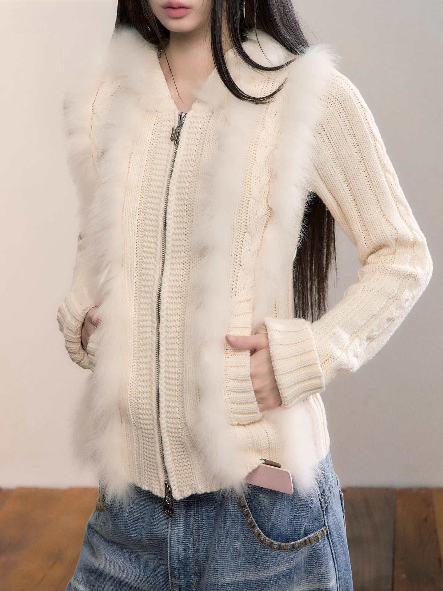 Fox Fur Trim Hooded Knit Cardigan