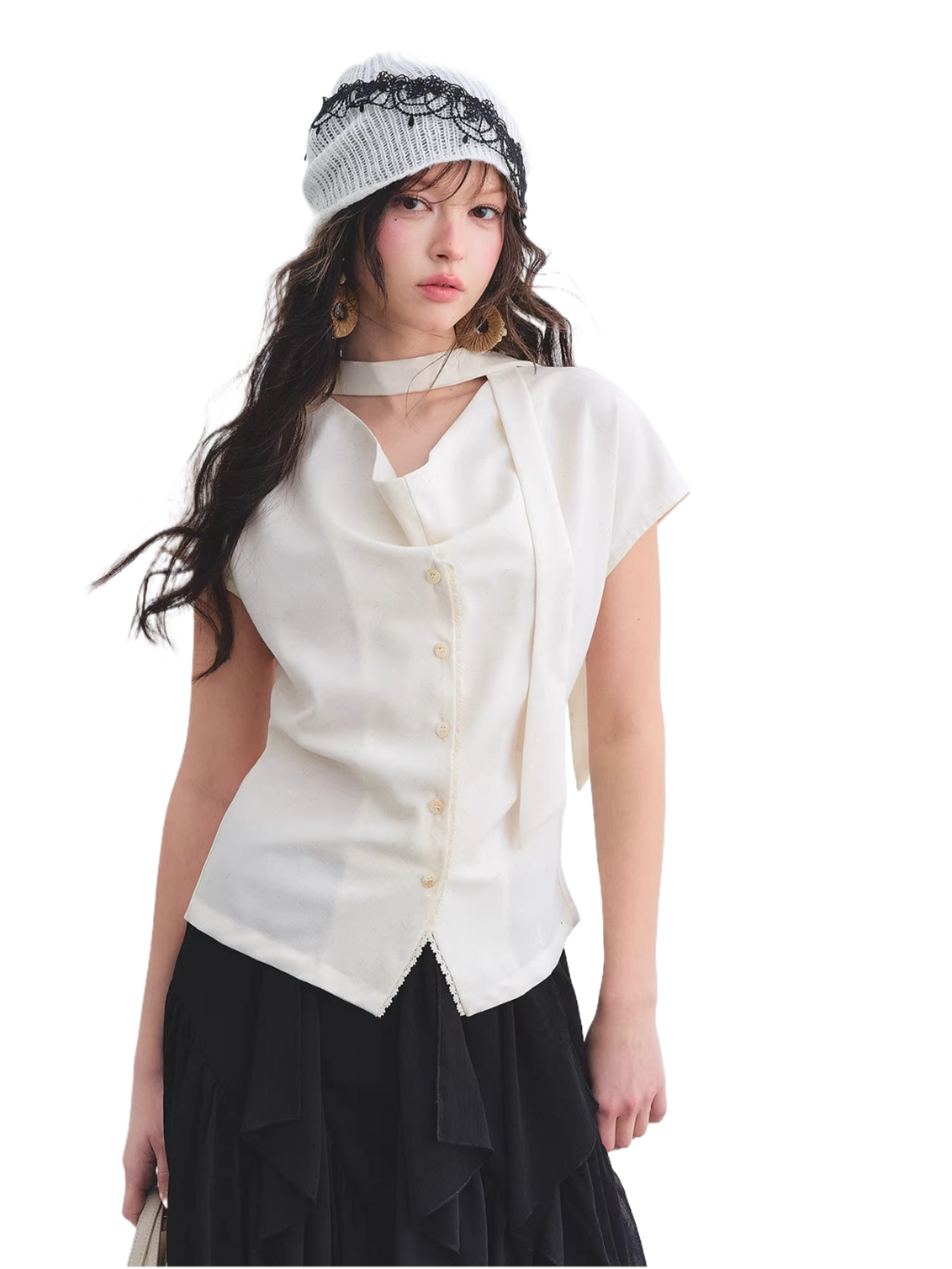 Linen Blend Lace Trim Draped Neck Tie-Waist Blouse