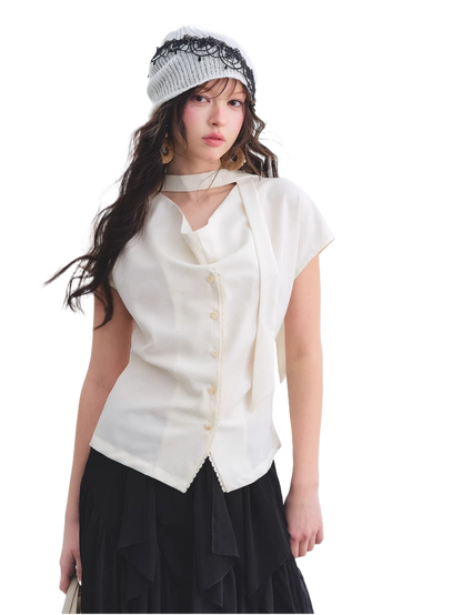 Linen Blend Lace Trim Draped Neck Tie-Waist Blouse