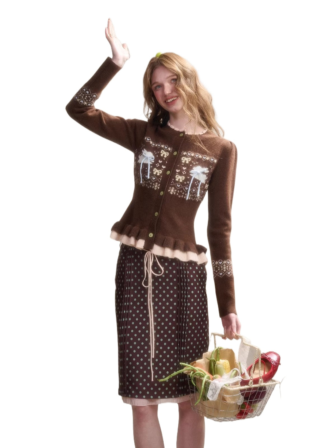 Fair Isle Knit Cardigan &amp; Polka Dot Skirt Set