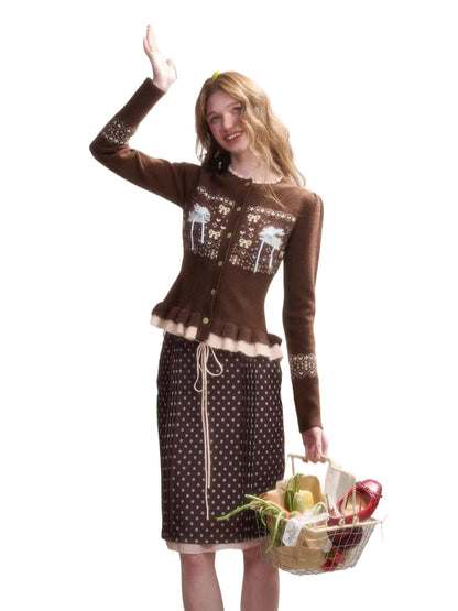 Fair Isle Knit Cardigan &amp; Polka Dot Skirt Set