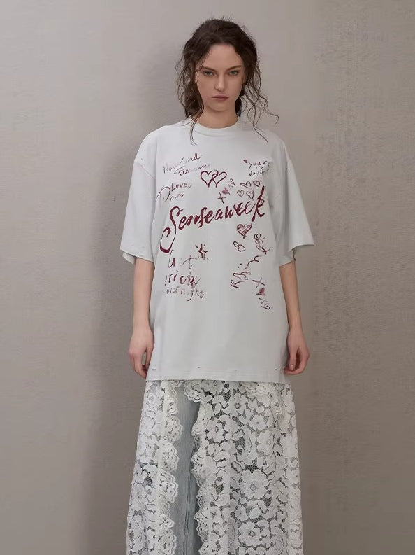 Letter Print Distressed Oversized T-Shirt