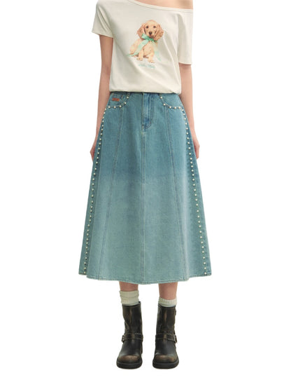 Beaded Washed Gradient Denim Skirt - CHINASQUAD