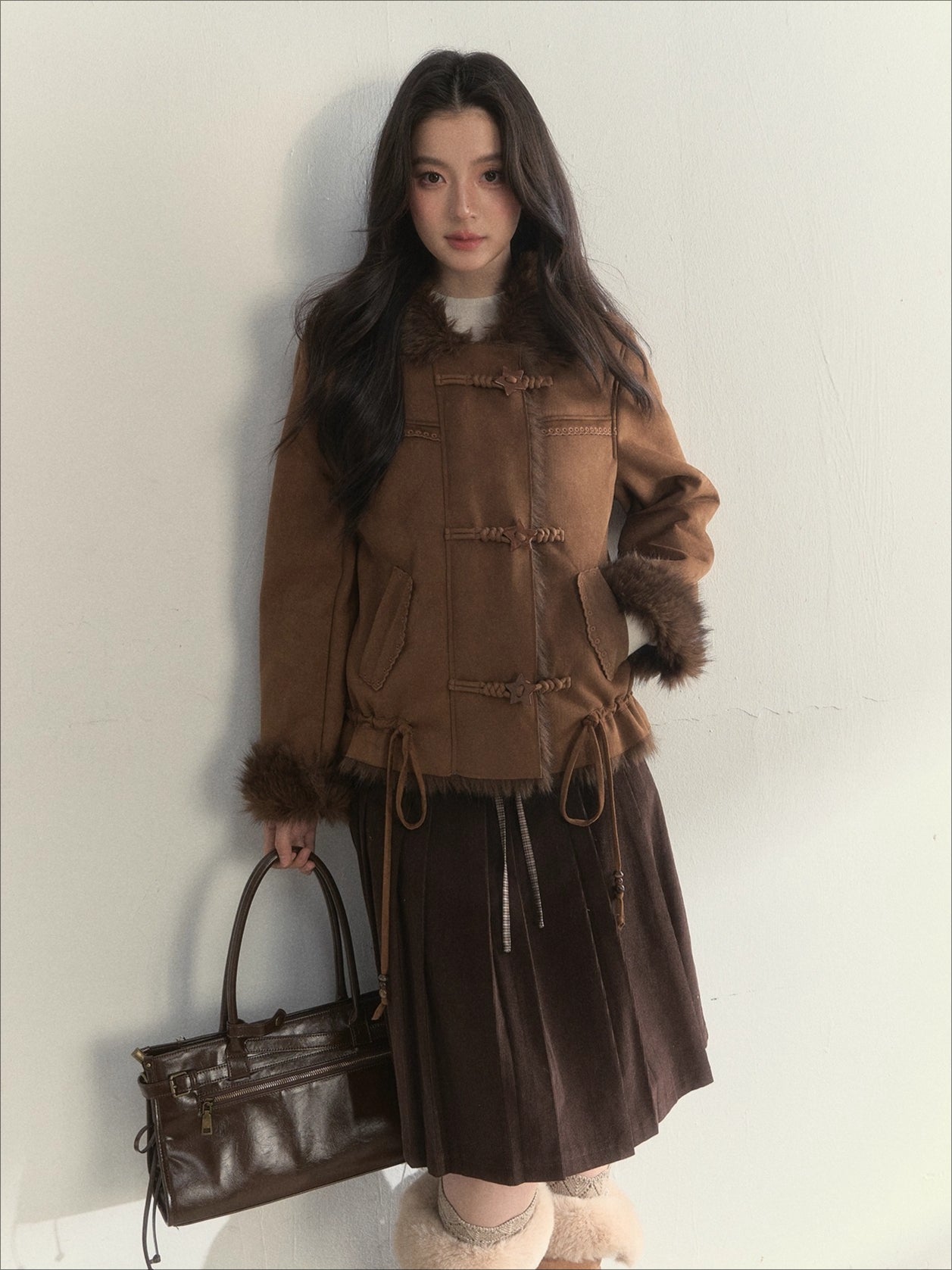 Oak Brown Suede Embroidered Shearling Jacket