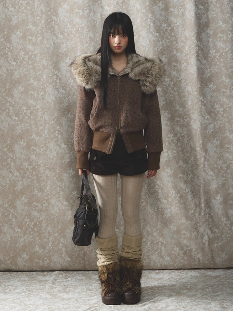 Vintage Leopard Print Faux Fur Hooded Jacket