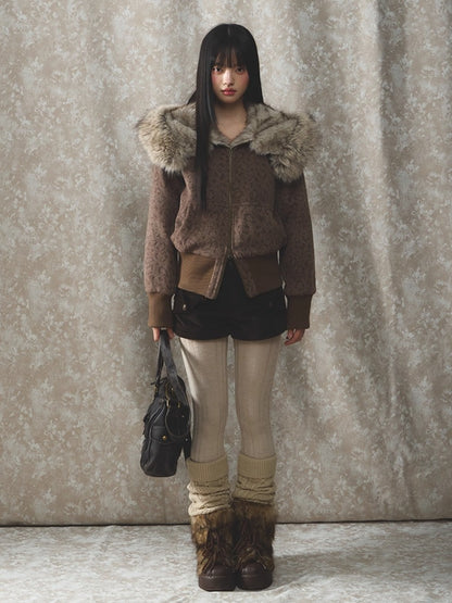 Vintage Leopard Print Faux Fur Hooded Jacket