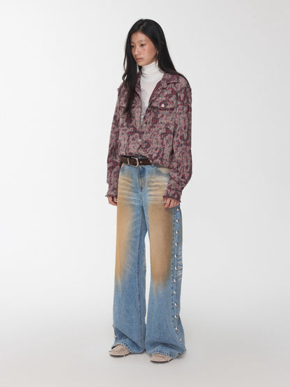 Washed Plaid Frayed-Edge Fitted Shirt