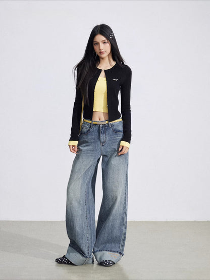 Vintage Wash Embroidered Wide-Leg Jeans