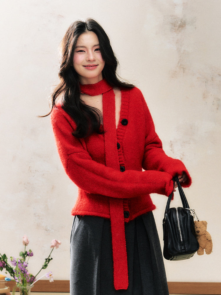 Red Knitted Cardigan Fashion Sweater 