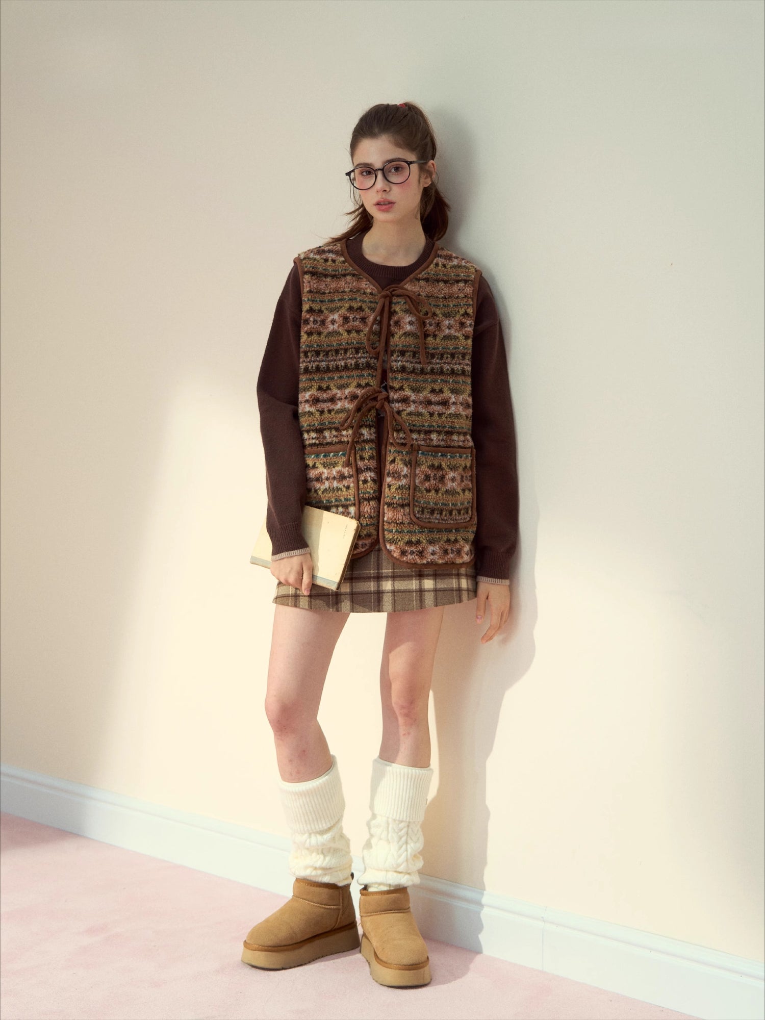 Mocha Fair Isle Reversible Tie-Front Shearling Vest