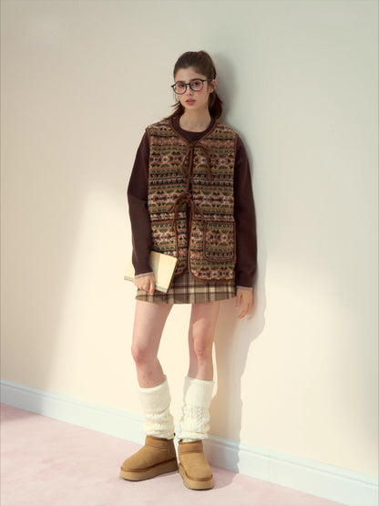 Mocha Fair Isle Reversible Tie-Front Shearling Vest