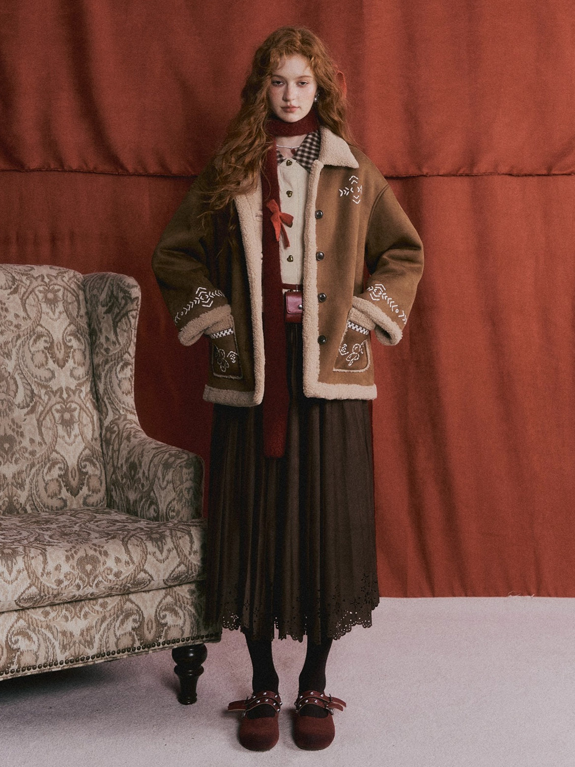 Heavy Embroidered Faux Shearling Suede Jacket