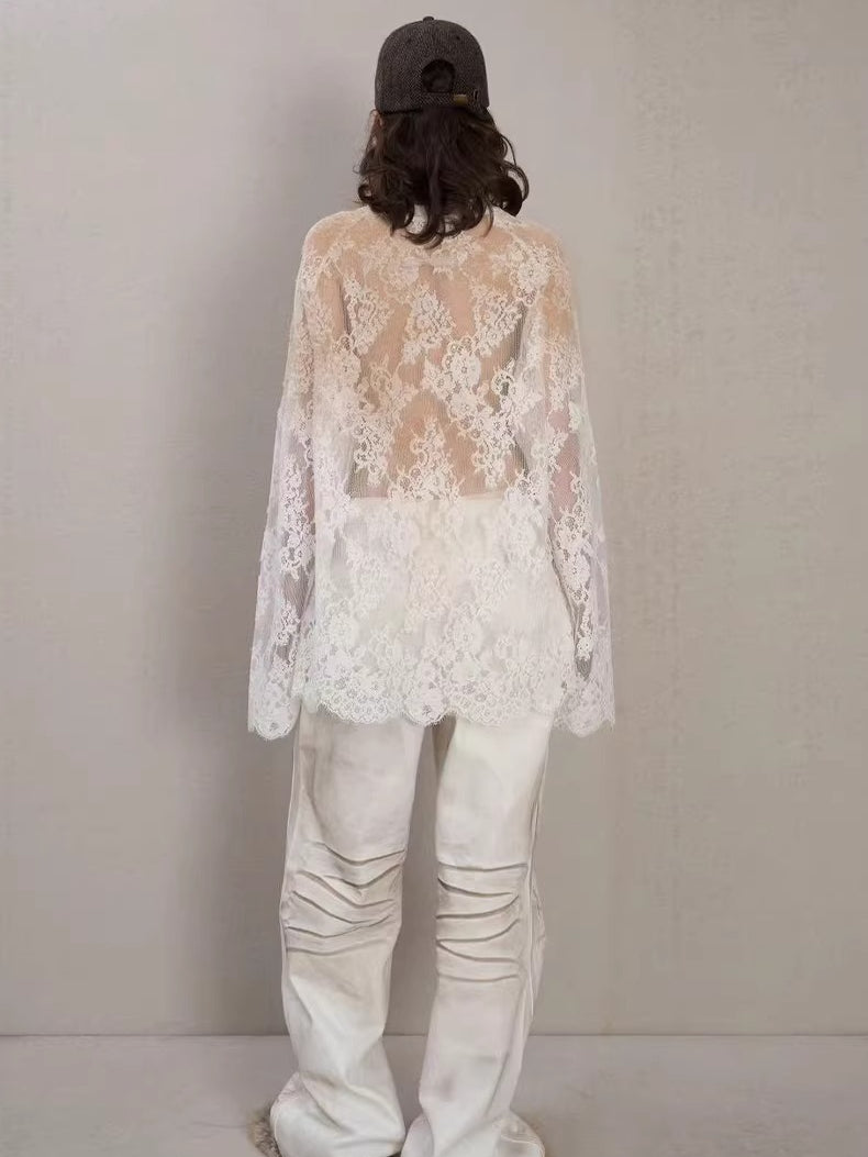 Layered Ribbed Lace-Trim Crewneck T-Shirt