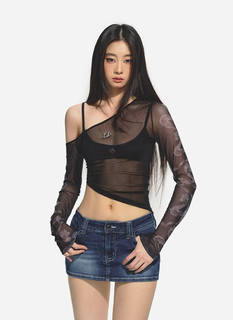 Black Printed Stretchy Mesh Long Sleeve Top - CHINASQUAD