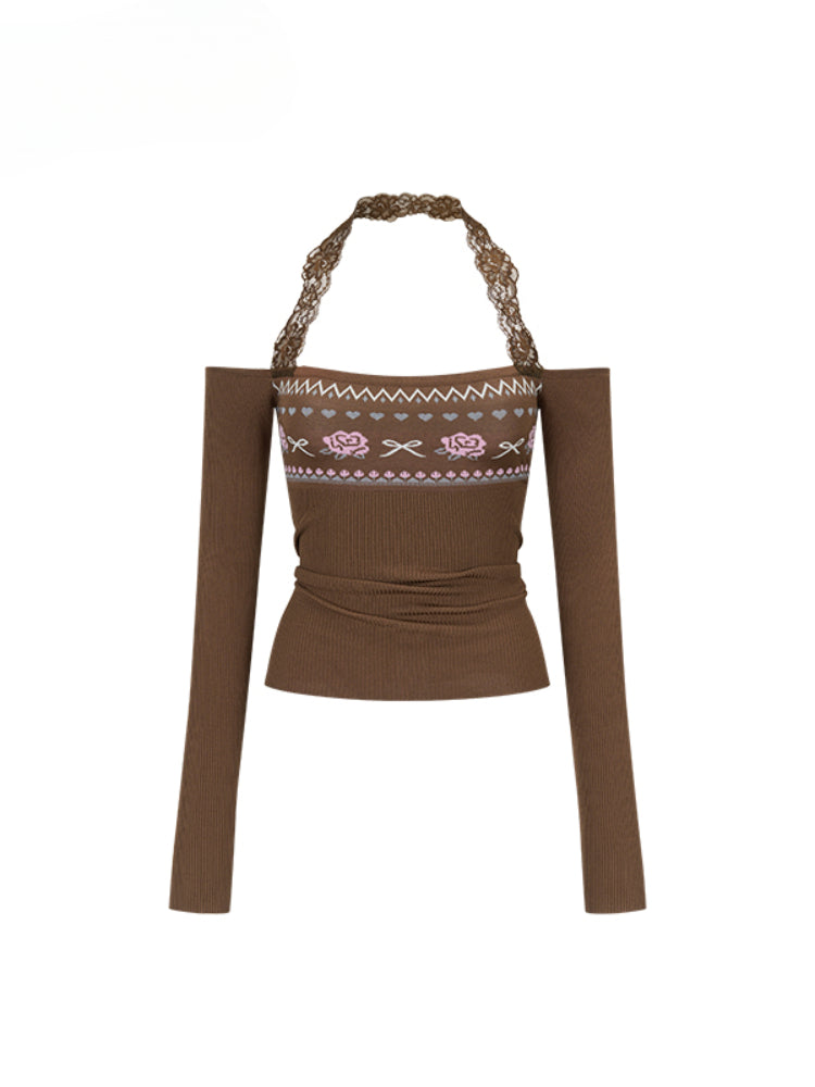 Lace Halter Two-way One-shoulder Sweater - CHINASQUAD