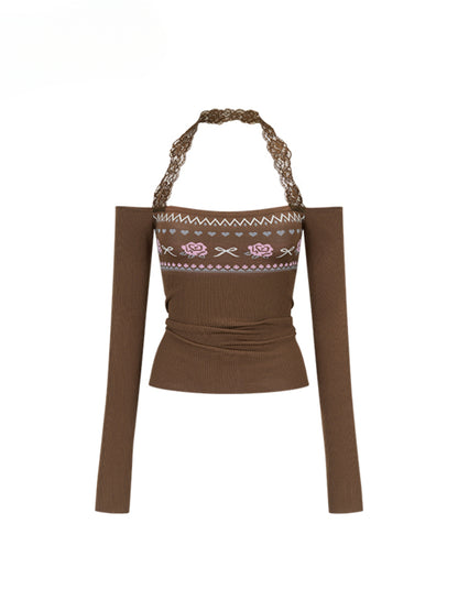 Lace Halter Two-way One-shoulder Sweater - CHINASQUAD